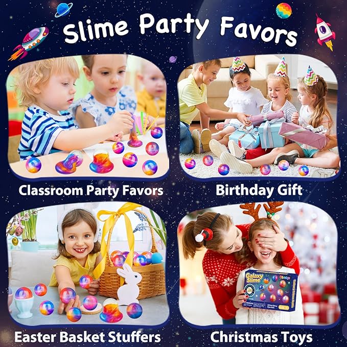 24 Pack Slime Party Favors, Galaxy Slime Balls Soft DIY Toys Stretchy and Non-Sticky Stress Relief Crystal Clay Safe Toys for Kids Girls Boy Classroom Birthday Halloween Christmas Party Favors Gifts