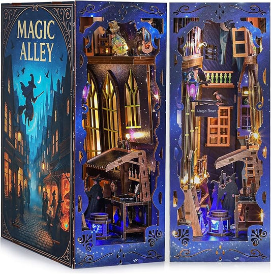 DIY Book Nook Kit for Adults - Magic Alley Miniature House Diorama, 3D Wooden Puzzle Bookend Bookshelf Insert Decor with LED Light, Wizard-Themed Miniature Kit Gifts for Fantasy Lovers