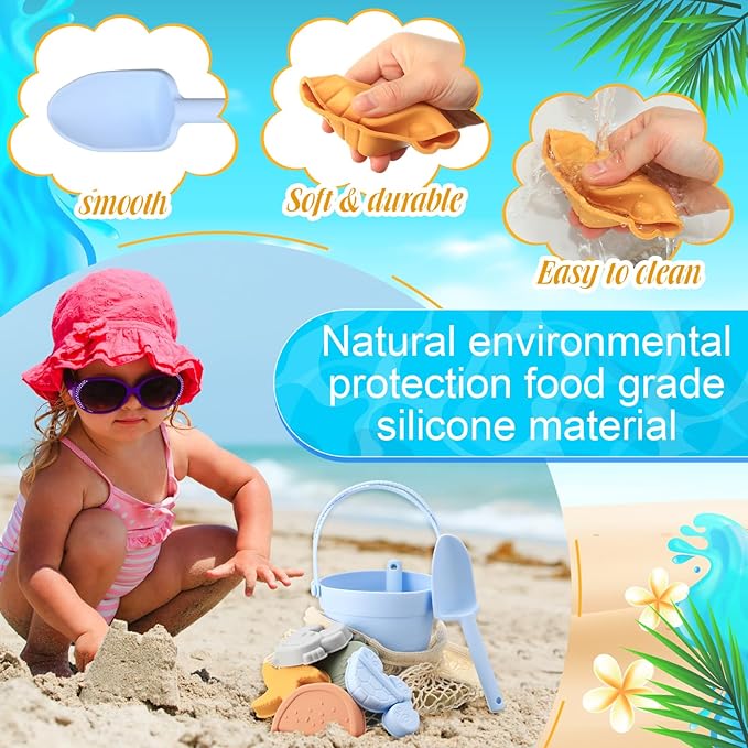 Civaner 15 Pcs Silicone Beach Toys Travel Friendly Beach Set Includes Shovel, Rake, Silicone Bucket,10 Sand Molds, Watering Can, Mesh Bag, Outdoor Baby Sand Travel Toys for Boys, Girls