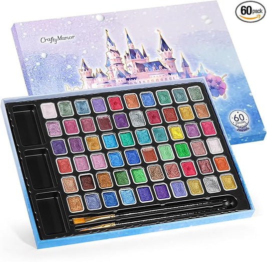 Mini Glitter Watercolor Paint Set with Paper, 60 Colors Shimmer Metallic Watercolour Painting Sets, Solid Pearl Water Color Paints for Adult, Kids, 1ml Trial Package(1ml 60 Colors)