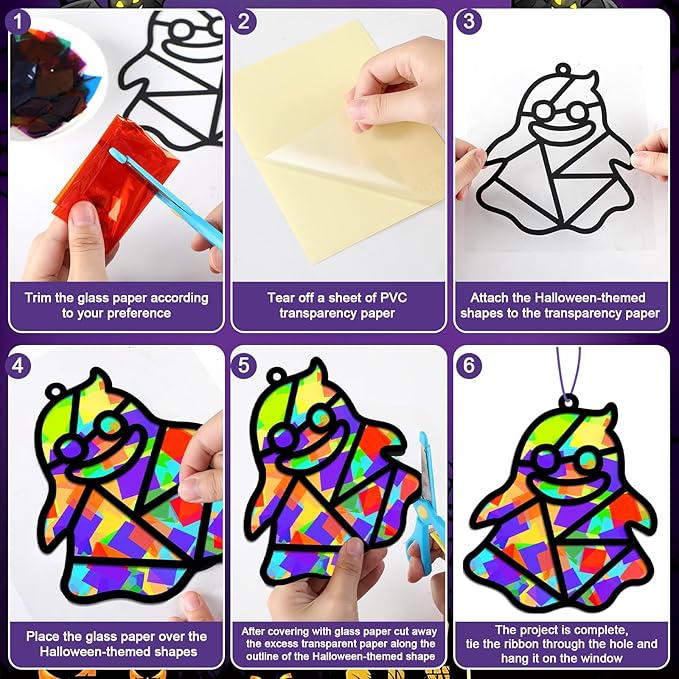 32 Sets Halloween Suncatchers Craft Kit DIY Window Stained Glass Effect Ghost Spider Skull Pumpkin Paper Crafts Home School Classroom Decoration Kid Birthday Gift Creative Art Project Activity Game