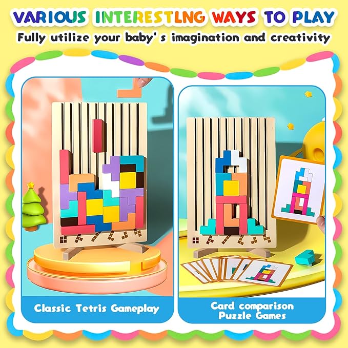 Wooden Stacking Puzzle Toy, Wooden Puzzles 3D Russian Colored Block Puzzle Toy Montessori Educational Gift for Boys and Girls Board Game for Toddlers Brain Teasers for Toddlers 3-6 Years