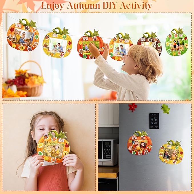 Fovths 24 Pack Fall DIY Foam Picture Frames Craft Kit Thanksgiving Autumn Pumpkin Photo Frame Ornaments with 300 Stickers for Thanksgiving Gifts Holiday Home Party Activities