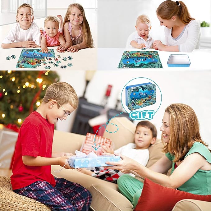 LELEMON Underwater World Puzzles for Kids Ages 4-8,100 Piece Ocean Dolphins Fishes Jigsaw Puzzle for Children,Learning Educational Toys for Boys and Girls