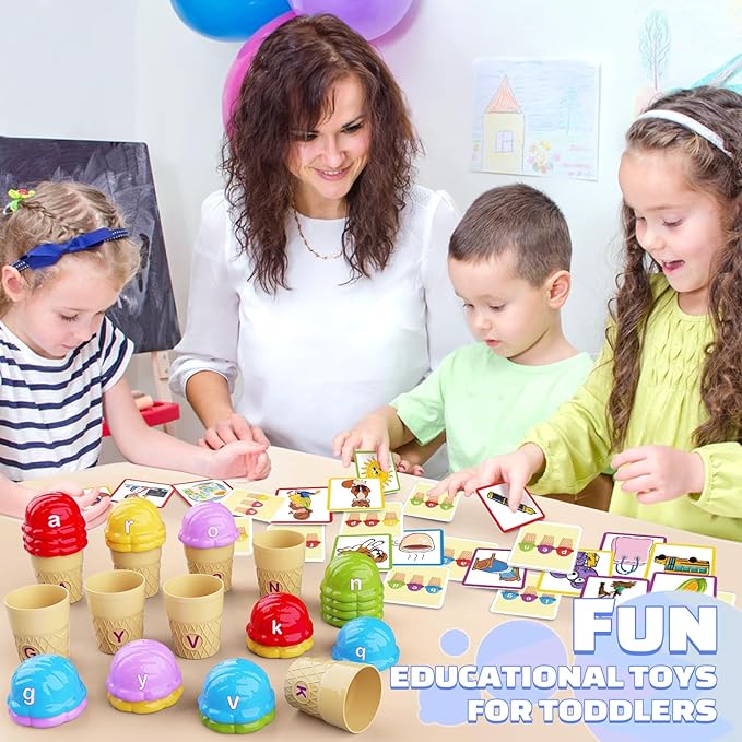 Ice Cream Color Sorting Toys for Toddlers, Montessori Learning Toys with ABC Letter Recognition Flash Cards for Preschool Kids (Alphabet)