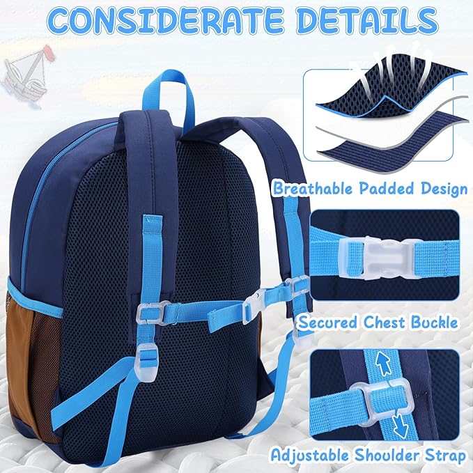 VASCHY Toddler Boys Backpack, Kids' Small Lightweight Quilted Color-blocked Bookbag School Backpack for Kindergarten Children Navy Brown