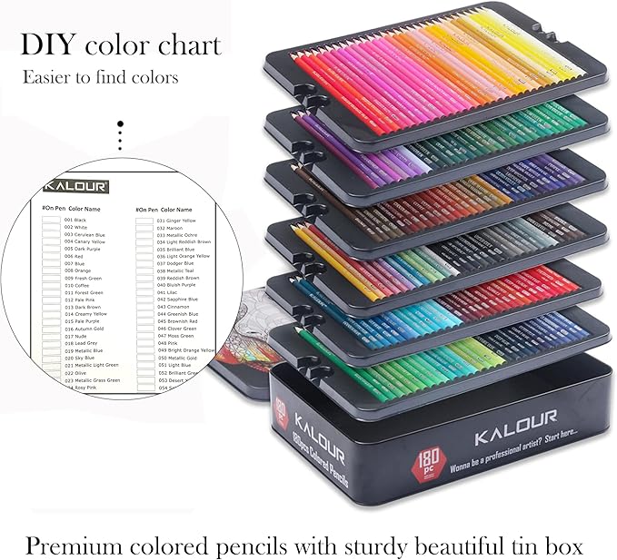 KALOUR 180 Colored Pencil Set for Adults Artists - Rich Pigment Soft Core -12 Metallic Pencil - Ideal for Coloring Drawing Sketching Shading Blending - Vibrant Color(Tin Case)