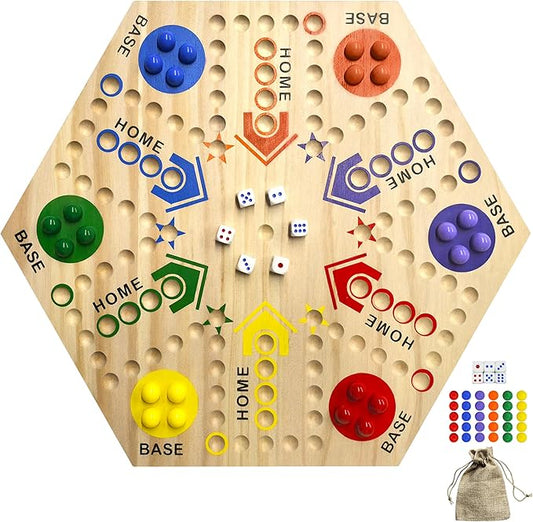 Wooden Board Game, Original Marble Game Double Sided Painted 2 to 6 Player Fast Track Board Game Wooden with 6 Colors 24 Marbles 6 Dice for Adults Kids Family(15 INCH)