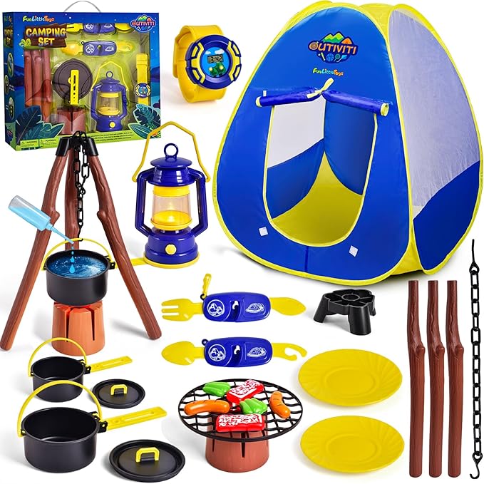 FUN LITTLE TOYS Kids Play Tent with Camping Toys, Toddler Tent with Battery Lantern, Kids Pop Up Tent Indoor Outdoor Toys Christmas Birthday Gifts for Boys