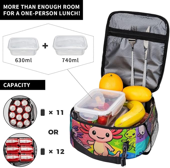 Colorful Axolotl Lunch Bag for Women Men Adults, Insulated Lunch Box for Work, Sports, Travel, Picnic,Hiking, Fishing, Cute Cartoon Salamander Theme Lunchbox Gifts