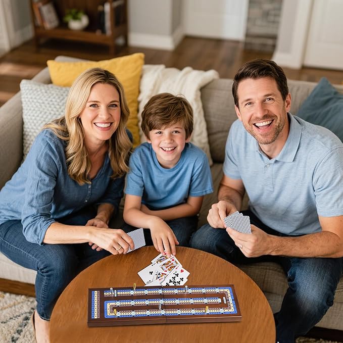 Foldable Wooden Cribbage Board Game Set, Portable Travel 3 Track Cribbage Board with Magnetic Closure,9 Metal Pegs,A Deck of Cards - Family Board Games for Kids and Adults