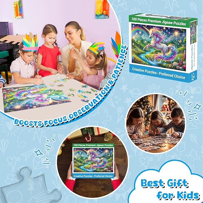 100 Piece Puzzles Rainbow Unicorn Puzzle for Kids Ages 4-8 8-10, 100 Piece Jigsaw Puzzle for Adults Toddler Children Learning Educational Puzzles Toys Birthday Gifts for Girls Boys