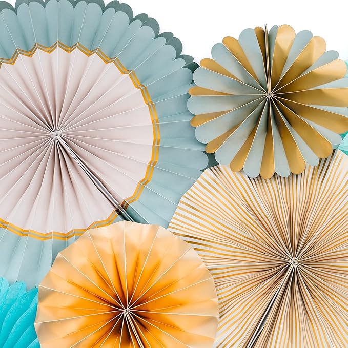 PapaKit Origami Wall Decoration Set (8 Assorted Round Paper Fans) Birthday Party Baby Shower Wedding Events Decor | Creative Art Design Pattern (Sage Green with Metallic Gold Accent)