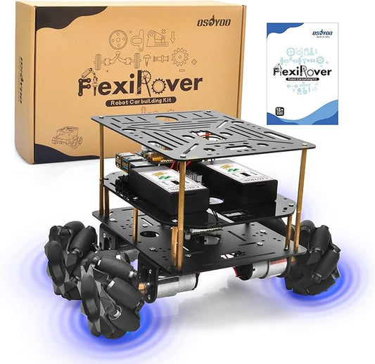 OSOYOO FlexiRover Robot Car Kit for Raspberry Pi – Compatible with Pi 2/3/4/5, 520 Motors with Encoders, Mecanum Wheels, Servo Support, and High-Capacity Battery System (No Raspberry Pi Included)