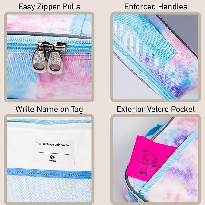 Fenrici Tie Dye Lunch Box for Girls, Teens, Women, Kids, Insulated Lunch Bag, Soft Sided Compartments, Spacious, BPA Free, Food Safe, 10.8in x 8.5in x 2.8in, Pastel Pink Tie Dye