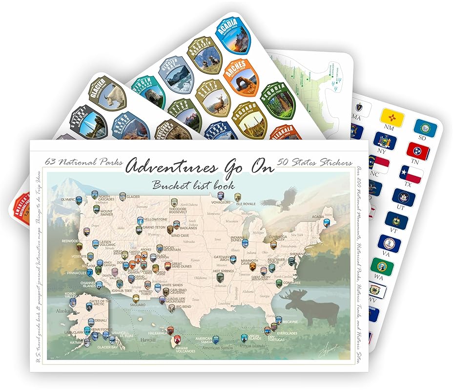 Adventures Go On. The BOOK is a guide to the National Parks of the United States of America with complete stickers for all 63 US National Parks. (Black/White Book)
