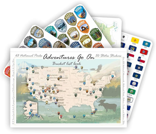 Adventures Go On. The BOOK is a guide to the National Parks of the United States of America with complete stickers for all 63 US National Parks. (Black/White Book)