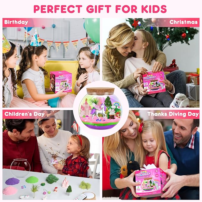 RONSTONE Light-Up Unicorn Terrarium Kit for Girls – DIY Arts & Crafts Gift with Remote-Control LED Night Light – Fun Unicorn Toys for Kids Ages 4 5 6 7 8 9 10 – Birthday or Christmas Gift for Girls