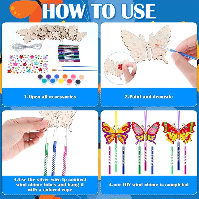 JellyArch 30 Pack Butterfly Wind Chime Making Kit for Kids Make Your Own Wind Chime Butterfly Wooden Crafts Ornaments for Girls Boys DIY Activity Birthday Spring Summer Decoration