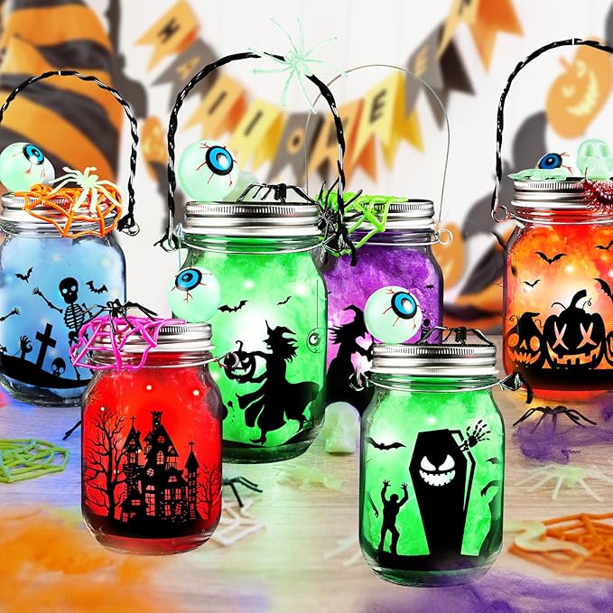 Shemira Halloween Craft Kit - 6pc Glass Mason Jar DIY Lantern Kit, Party Supplies for Kids