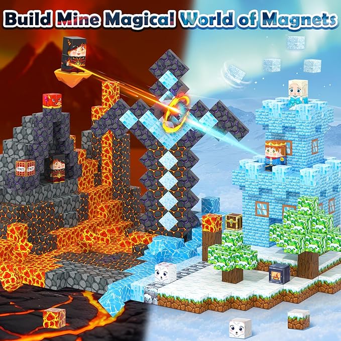 Magnetic Blocks - Build Mine Magnet World Ice Lava Set, Vibrant Colorful Building Blocks with Ultra Magnet Strength for Kids Ages 3-8, STEM Toys Creative Gifts for 3+ Year Old Boys Girls (100PCS/0.8")