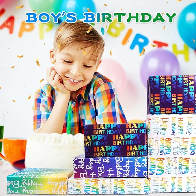 Wrapping Paper Birthday Wrapping Paper Sheets Hradient Multi-colour Happy Birthday Paper Set Include Bday Gift Wrap withTags & Ribbon,Present wrap for Boys Men Girls Women