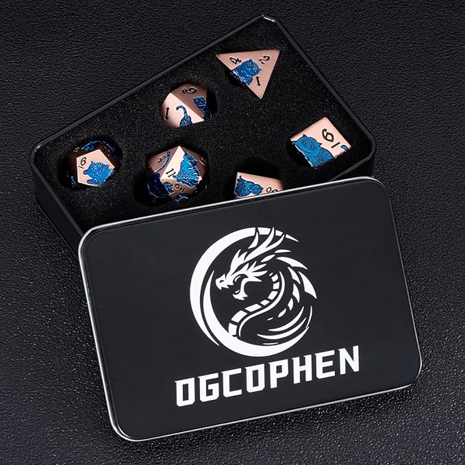 Metal DND Cat Dice 7PCS Polyhedral RPG Dice Set with Gift Case for Dungeons Dragons Role Playing Game, D and D Dice D6 D8 D10 D12 D20 D% (Copper Blue)