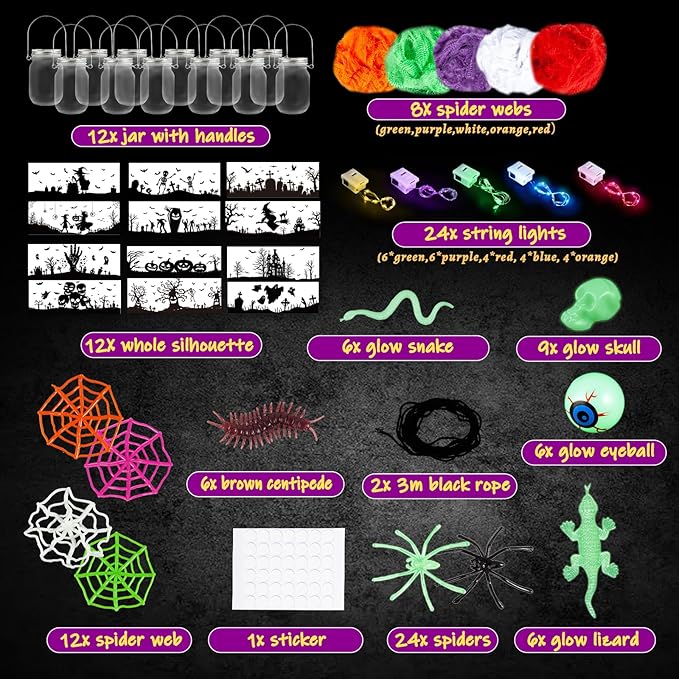 SpringFlower Halloween DIY Arts and Crafts Kits,12 Pcs Glass Mason Jar with Accessories for DIY Lantern Jar, Art & Craft Party Supplies for Classroom Kids