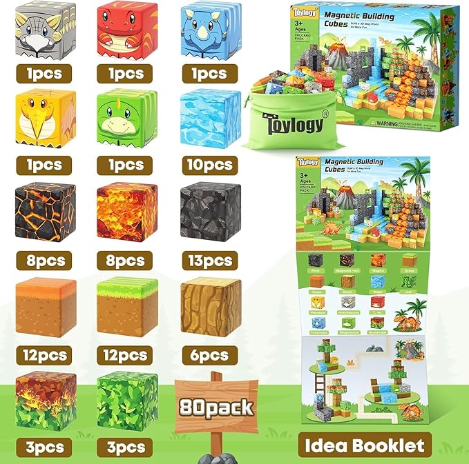 Dinosaur Toys Magnetic Blocks-Build Mine Magnet World Volcano Edition Kids Toy for 3+ Year Old Boys and Girls Building Blocks Toddler Toys Games Through Jurassic Learning Sensory Toy Gifts