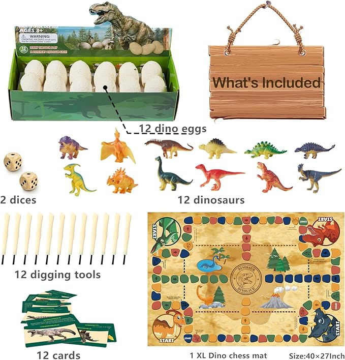Dino Fossil Eggs Dinosaur Toys - 12 Dinosaur Eggs Dig Excavation Kit w Play Mat for Kids Ages 5-7 Easter Basket Essentials STEM Toy Christmas Birthday Gift for Boys Girls 3 4 5 6 7 8 + 8-13 Years Old