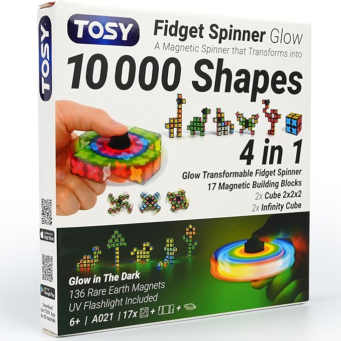 TOSY Magnet Fidget Spinner Glow - 16 Blocks, 3 in 1 Toy: Transformable Fidget Spinner, Infinity Cube, 2x2 Puzzle Cube, Glow, Stress Relief, STEM Magnet Tiles Birthday Gift for Kids/Boys/Girls/Adults