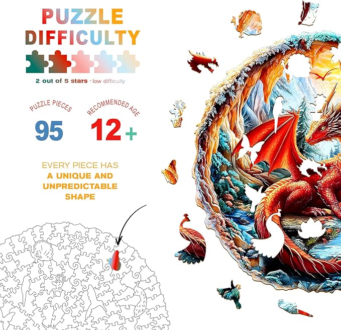 Wooden Puzzles for Adults - Crimson Dragon Wooden Jigsaw Puzzle - Unique Shape 3D Vision Wood Puzzles Adult - Christmas Birthday Gifts for Adults/Friends/Family - 95pcs 8.5 * 8.5in