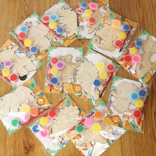 LARDUX Safari Party Favors, 24PCS DIY Wooden Painting Crafts - 8 Styles Animal Shape Unfinished Woodchips Cutouts Craft Kits with Glow in The Dark Paint DIY Party Favors Birthday Party Decorations