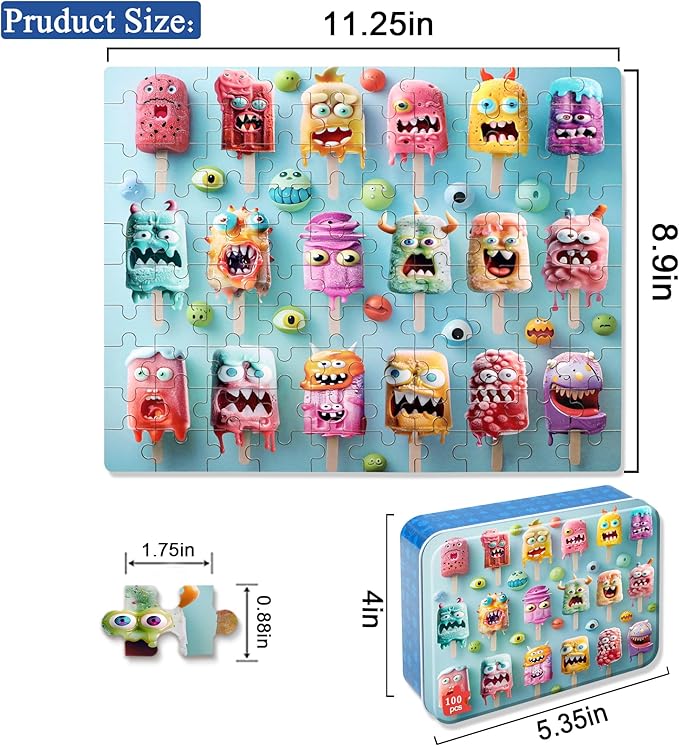 LELEMON Popsicle Monsters Puzzles for Kids Ages 4-8,100 Pieces Funny Colorful Monsters Ice Cream Jigsaw Puzzles in a Metal Box,Cute Monster Popsicles Learning Educational Toys for Boys Girls