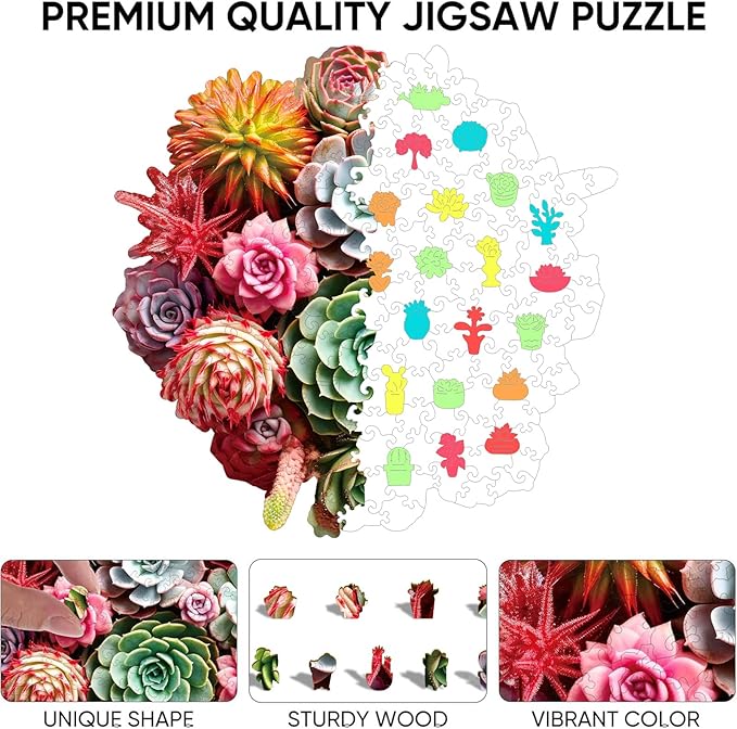 Wooden Puzzles for Adults, Colorful Succulent Puzzle for Mom, Challenging Puzzle, 200 Piece Luxurious Shaped Wooden Puzzles for Family Game 11.3 * 10.5in