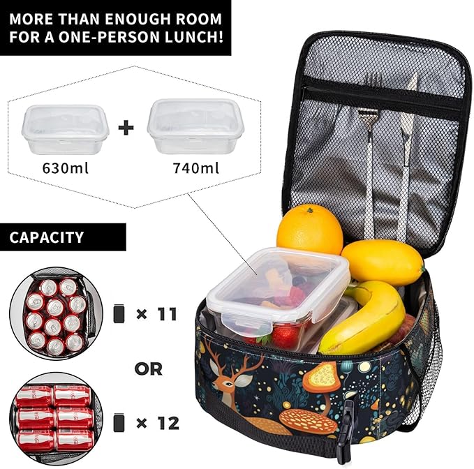 Fantasy Forest Mushrooms Grass Reusable Lunch Box Food Bag Insulated Lunch Bag for Teenage Boys Girls School Beach