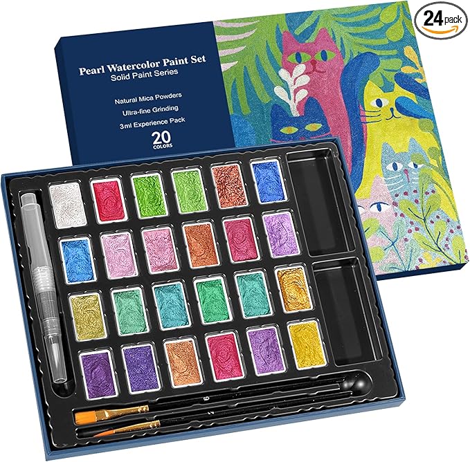 3ml Glitter Watercolor Paint Set with Paper, 24 Colors Shimmer Metallic Watercolour Painting Sets, Solid Pearl Water Color Paints for Adult, Kids, Matisse Style (Matisse 24Colors-L)