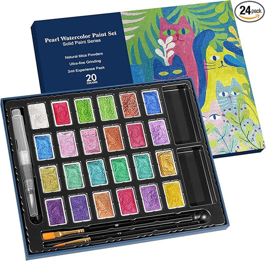 3ml Glitter Watercolor Paint Set with Paper, 24 Colors Shimmer Metallic Watercolour Painting Sets, Solid Pearl Water Color Paints for Adult, Kids, Matisse Style (Matisse 24Colors-L)