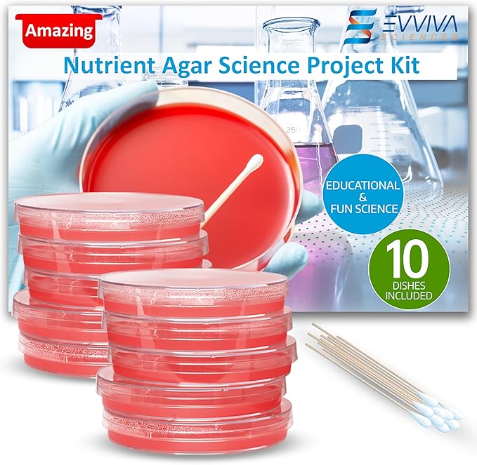 Evviva Sciences Nutrient Agar Petri Dishes Science Project Kit, Pre-Poured Agar Plates for Science Experiments, with Experiment eBook (RED)