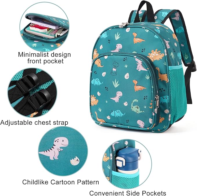 CLUCI Kids Backpack for Boys Girls Toddler Backpack for Preschool Kindergarten Child Cute Daycare Bookbag Travel Green Dinosaur