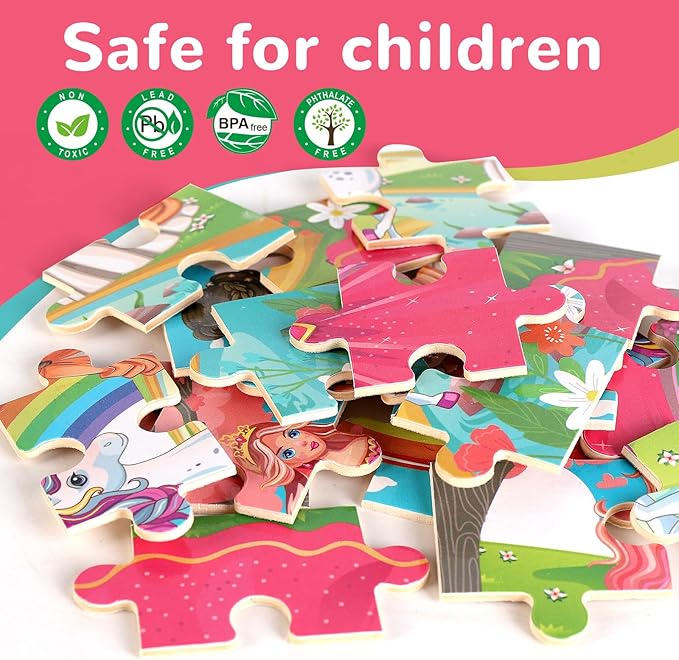 Wooden Educational Jigsaw Puzzles for Preschool Kids Ages 3-5, 4-Pack with 20 Pieces Unicorn Princess Wood Puzzles Set, Toddler Brain Teaser Toys, Preschool Gifts for Boys Girls Ages 3 4 5 6