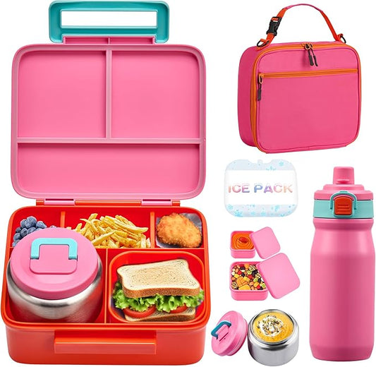 MAISON HUIS Kids Bento Box Set - Includes 8oz Soup Thermo, Insulated Lunch Bag & 17oz Stainless Steel Water Bottle, 5-Compartment Bento Box with Built-In Ice Pack, Leak-Proof & BPA-Free(Pink)