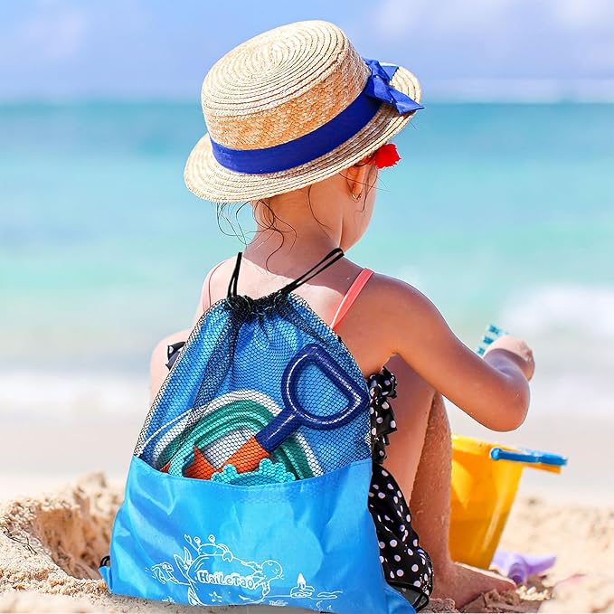 Beach Toys Set for Kids -Collapsible Sand Bucket&Mesh Beach Bag and Shovels Sand Rake Toy 11Pcs Set, Animal & Dinosaur Molds,Fork,Rake&Watering Can for Toddlers Ages 3+