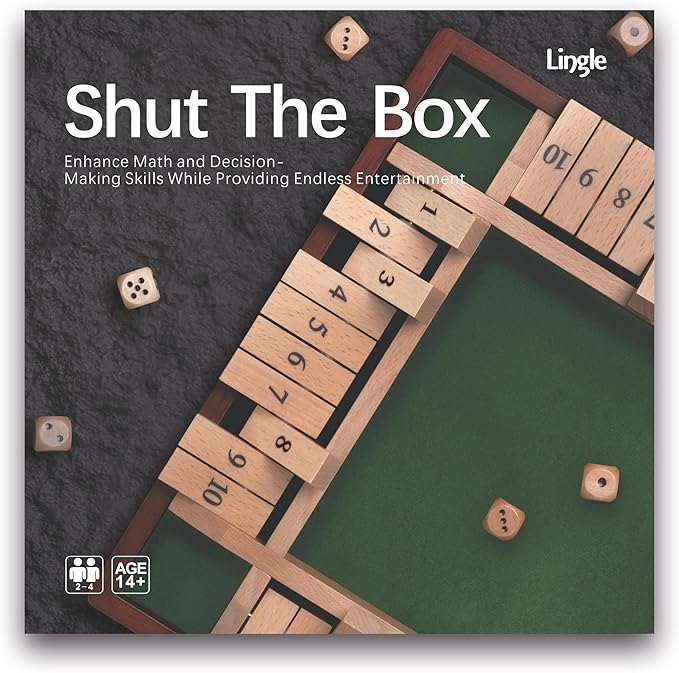 Shut The Box Dice Game, 2-4 Player Wooden Board Table Math Games, Classic Shut The Box Board Game