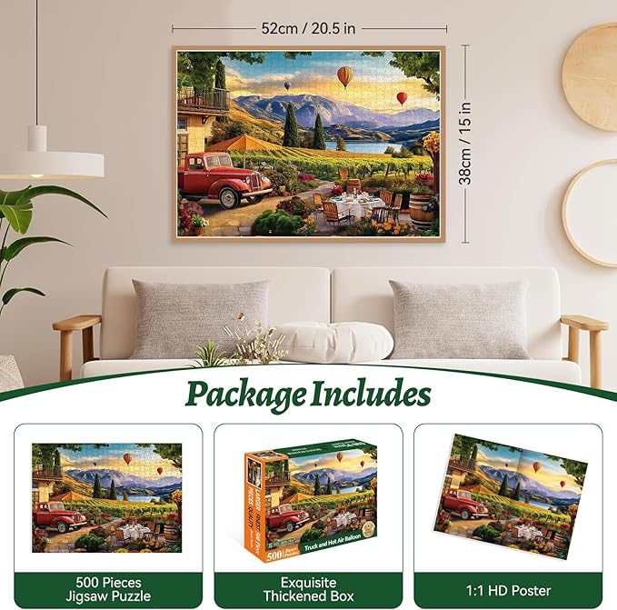 500 Piece Jigsaw Puzzle for Adults – Scenic Vineyard with Hot Air Balloons & Red Truck – Relaxing and Beautiful Puzzle for Adults & Teens Recycled Cardboard, 20.5" x 15"
