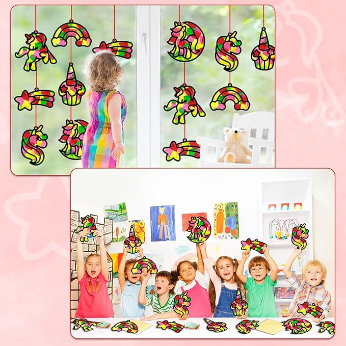 Qyeahkj 36 Set Unicorn Suncatchers Crafts for Kids DIY Unicorn Tissue Paper Crafts Window Stained Glass Effect Rainbow Hanging Decor School Home Creative Activity Art Project Birthday Party Favor Gift