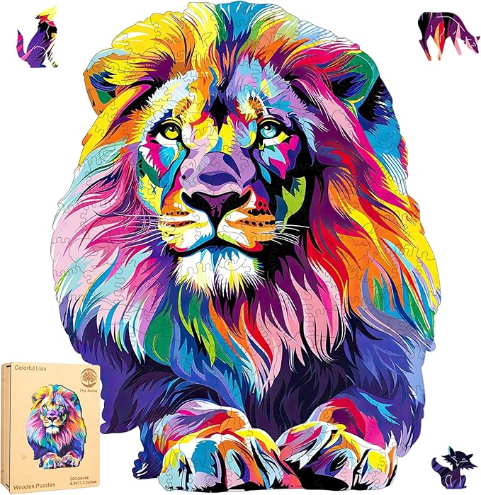 Mys Aurora Wooden Puzzles for Adults, Lion Jigsaw Puzzles 200 Pieces, Unique Shaped Puzzle for Adults and Kids, Ghristmas Gift Family Game 10.8 x 11.2 Inch
