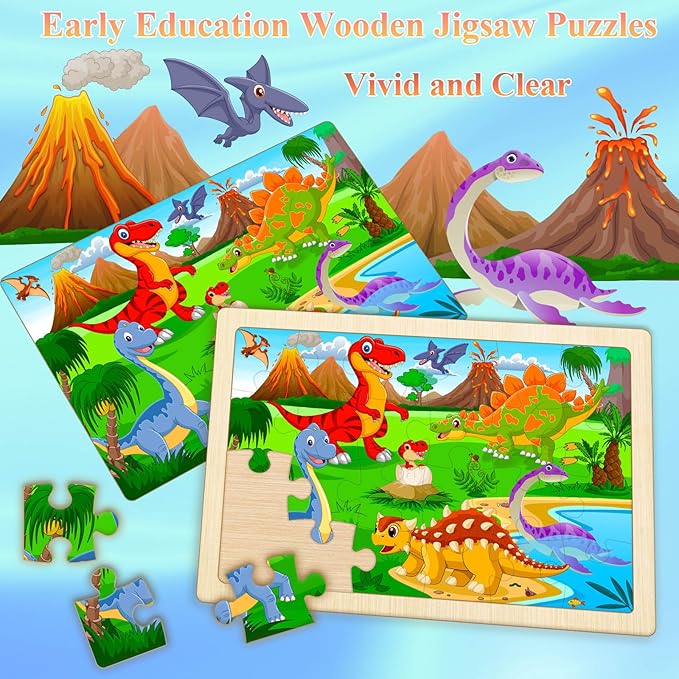 Wooden Puzzles for Kids Ages 4-6, 4 Pack with 24 Pieces Dinosaur, Animal, Ocean, Vehicle Wooden Puzzles for Toddlers Set, Educational & Learning Puzzles, Toys Gifts for 3 4 5 6 Year Old Boys Girls