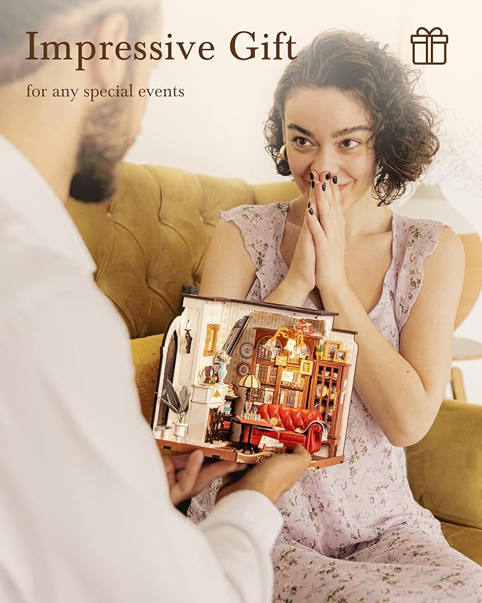 Rolife DIY Miniature House Kit Victorian Parlor 1:18 Scale Dollhouse Diorama, Tiny House Building Kit Antique Bookshelf Display Crafts for Adults Gift for Boys Girls (Catherine's Living Room)