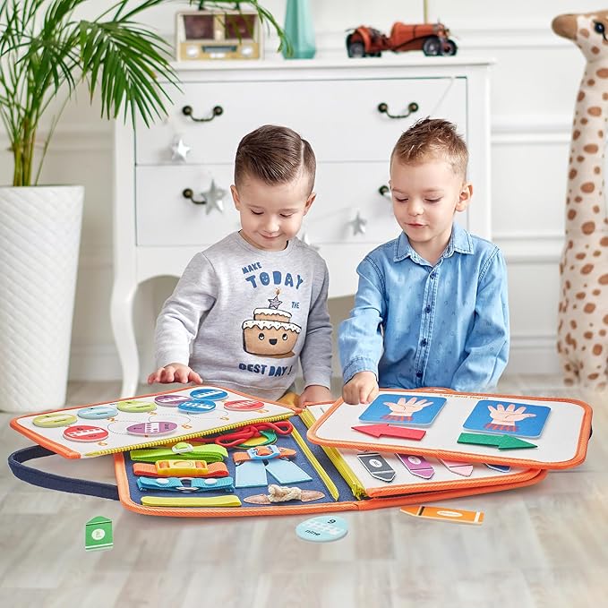 Freebear Busy Board Toddler Travel Sensory Toys for 1 2 3 4, Montessori Learning Activities Board, Educational Toys for 3 4 Year Old Boys Girls Gift, Classic